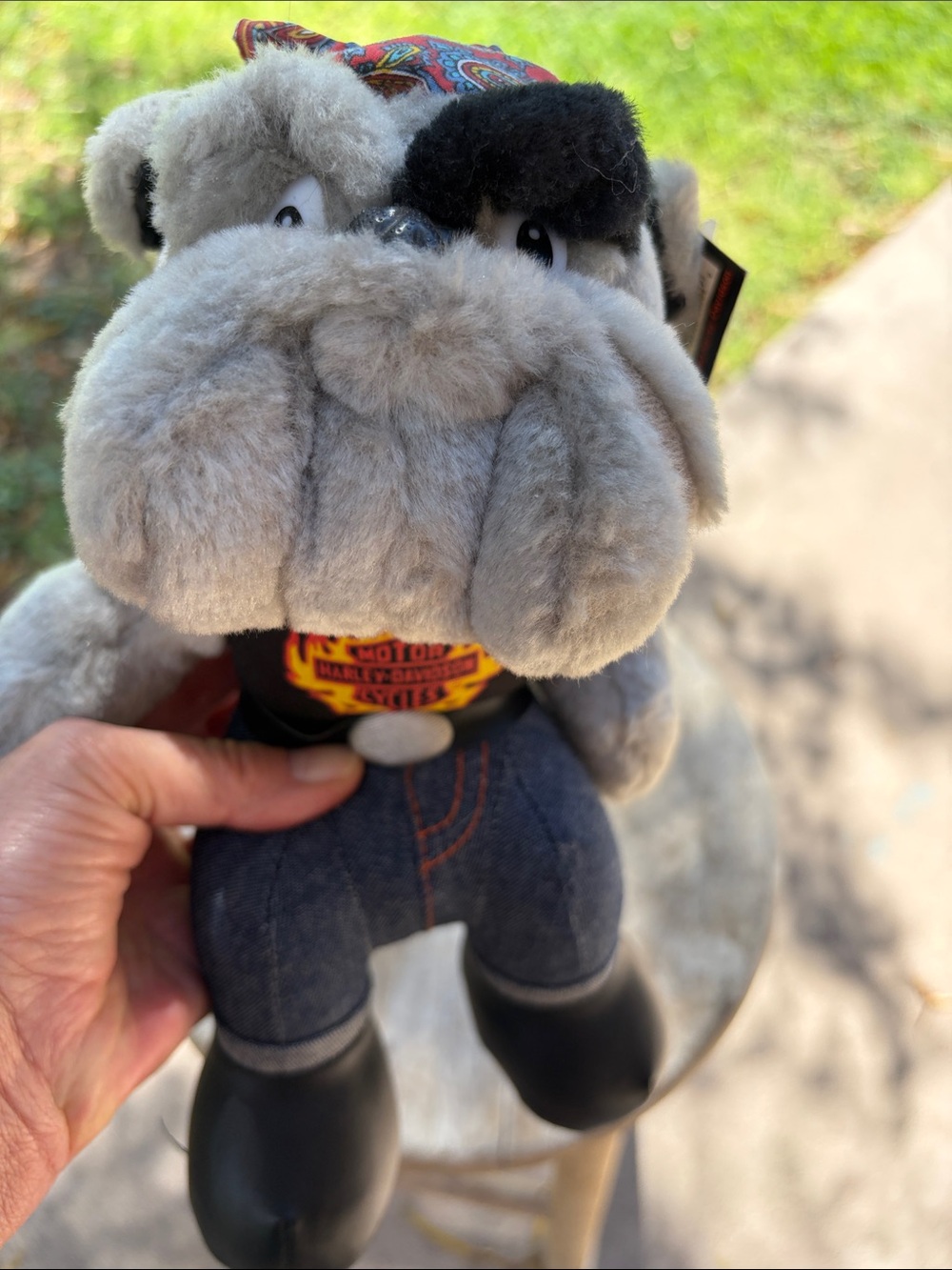 Harley-Davidson Gray and Black Plush Bulldog with Denim Pants